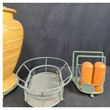 Kitchenware Collection with Wooden Lidded Jar, Metal Holder, Basket, and Salt and Pepper Shakers