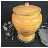 Kitchenware Collection with Wooden Lidded Jar, Metal Holder, Basket, and Salt and Pepper Shakers