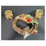 Grapevine Wreath with Faux Berries and Set of 2 Grape Motif Candle Holders