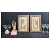 Home Decor Set with 2 Framed Art Prints, Shell Sculpture, Soap Dispenser, Tray, and 4 Glasses