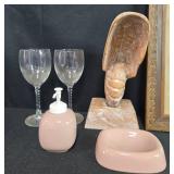 Home Decor Set with 2 Framed Art Prints, Shell Sculpture, Soap Dispenser, Tray, and 4 Glasses