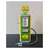 Farm Collectibles Lot: John Deere Gas Pump Bank, Wire Tractor Sculpture, and Plow Model