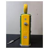 Farm Collectibles Lot: John Deere Gas Pump Bank, Wire Tractor Sculpture, and Plow Model