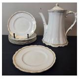 Homer Laughlin Hudson Porcelain Coffee Pot with Matching Plates - display not inc
