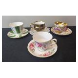 Set of 4 Vintage Bone China Teacups and Saucers with Floral and Gold Accents