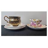 Set of 4 Vintage Bone China Teacups and Saucers with Floral and Gold Accents