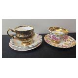 Set of 4 Vintage Bone China Teacups and Saucers with Floral and Gold Accents