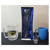 Collection of Drinkware including Captain Mug, Straub Artglas Vase, Blue Mug, and Shot Glass