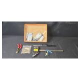 Box of Hand Tools Including Stanley Wrench Set, Pliers, Drill Bits, and Hardware