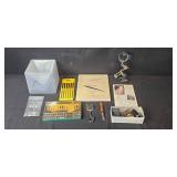 Violin Maker Tool Collection with Screwdrivers, Files, Clamps, Magnifier, and Notebook