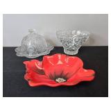 Crystal Wine Glasses, Candle Holders, Cut Glass Bowls, and Clay Art Red Poppy Dish Set