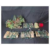 Holiday Decor Lot with Artificial Sleigh Centerpiece, Christmas String Lights, and Ribbon Rolls