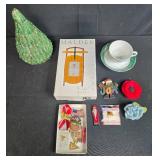 Holiday Decor and Collectibles Lot with Winterling Teacup, Mauldin Sled Frame, Tree, Pins and Ornaments