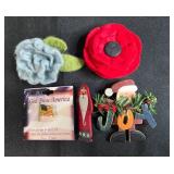 Holiday Decor and Collectibles Lot with Winterling Teacup, Mauldin Sled Frame, Tree, Pins and Ornaments
