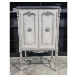 Vintage Ornate Wooden Cabinet with Red Interior
