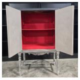 Vintage Ornate Wooden Cabinet with Red Interior