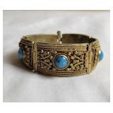 Vintage Bent Gold Coiled Wire with Turquoise Bracelet