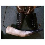 Original Renaissance Viking Helmet, Leather Arm Gauntlets & Beer Horn