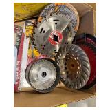 Box Lot of Assorted Saw Blades and Accessories, Including 7in Diamond Sawblade