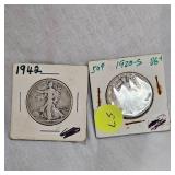 2-Walking Liberty 50c 1942 & 1920-S
