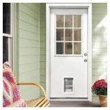 Steves & Sons 31-3/4 in. x 79 in. Reliant Series Clear 9-Lite White Primed Fiberglass Front Door Slab with Large Pet Door    Customer Returns See Pictures