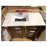 Home Decorators Collection Bellington 36 in. Single Sink Almond Toffee Bath Vanity with White Engineered Stone Top (Assembled) Granite Broken Customer Returns See Pictures
