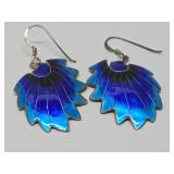 Excellent Larger Size Vintage Cloisonné Enameled Silver Feather Earrings