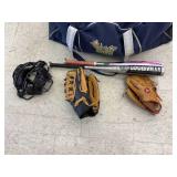 Baseball/Softball Gloves, Bats, Catchers Mask, Cleats & Large Bag