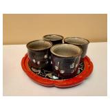 Japanese Bento Tray and Stoneware Blue Willow Tea Cups