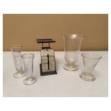 Set of Four Vintage Apothecary Beakers and Scale