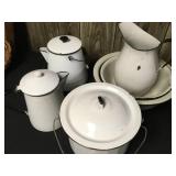 8 Pc Black and White Vintage Enamelware