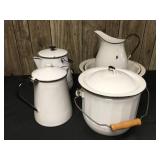 8 Pc Black and White Vintage Enamelware