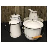 8 Pc Black and White Vintage Enamelware