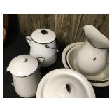 8 Pc Black and White Vintage Enamelware
