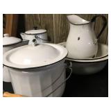 8 Pc Black and White Vintage Enamelware