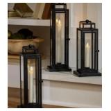 3 Pack of LED Tapered Candles in Tower Lanterns - 3 Pack - Black Finish