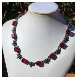 Sterling Silver Ruby Crystal Designer Signed Necklace ~ 43g Sterling Silver Ruby Crystal Designer Signed Necklace ~ 43g