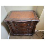 Elegant Carved Chest of Drawers with Leather Surface Inlay Elegant Carved Chest of Drawers with Leather Surface Inlay