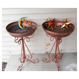 Two Copper-Colored Bird Baths & Three Colorful Metal Wall Hangings