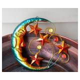 Two Copper-Colored Bird Baths & Three Colorful Metal Wall Hangings