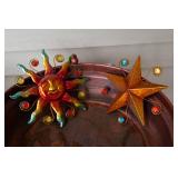 Two Copper-Colored Bird Baths & Three Colorful Metal Wall Hangings