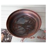 Two Copper-Colored Bird Baths & Three Colorful Metal Wall Hangings