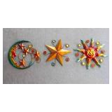 Two Copper-Colored Bird Baths & Three Colorful Metal Wall Hangings