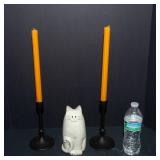 Kitty Figurine, Candlesticks & Black Candle Holders