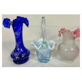 Vintage Blown Glassware - Duncan & Miller Basket, Cobalt Blue Ruffled Vase and Bohemian Fireglow Ruffled Vase