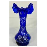 Vintage Blown Glassware - Duncan & Miller Basket, Cobalt Blue Ruffled Vase and Bohemian Fireglow Ruffled Vase
