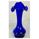 Vintage Blown Glassware - Duncan & Miller Basket, Cobalt Blue Ruffled Vase and Bohemian Fireglow Ruffled Vase