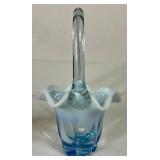Vintage Blown Glassware - Duncan & Miller Basket, Cobalt Blue Ruffled Vase and Bohemian Fireglow Ruffled Vase