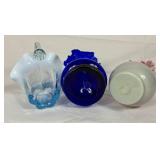 Vintage Blown Glassware - Duncan & Miller Basket, Cobalt Blue Ruffled Vase and Bohemian Fireglow Ruffled Vase