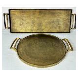 Two Large Pottery Barn Metal  Serving/Décor Trays Antique Brass Finish -18" round & 30" L